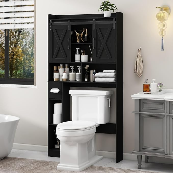 Vabches Over The Toilet Storage Cabinet, Farmhouse Storage Cabinet Over Toilet with Sliding Doors & Toilet Paper Holder Stand，Home Space-Saving Toilet Rack, for Bathroom, Laundry and Restroom.Black