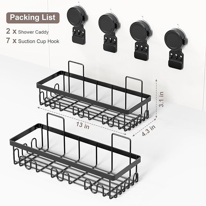 JOTPE Shower Caddy Suction Cup 2 Pack, No Drilling Shower Organizer for Bathroom with Large Capacity, Storage Suction Powerful Max Hold 40 lbs, Waterproof & Removable Bathroom Shelf, Black