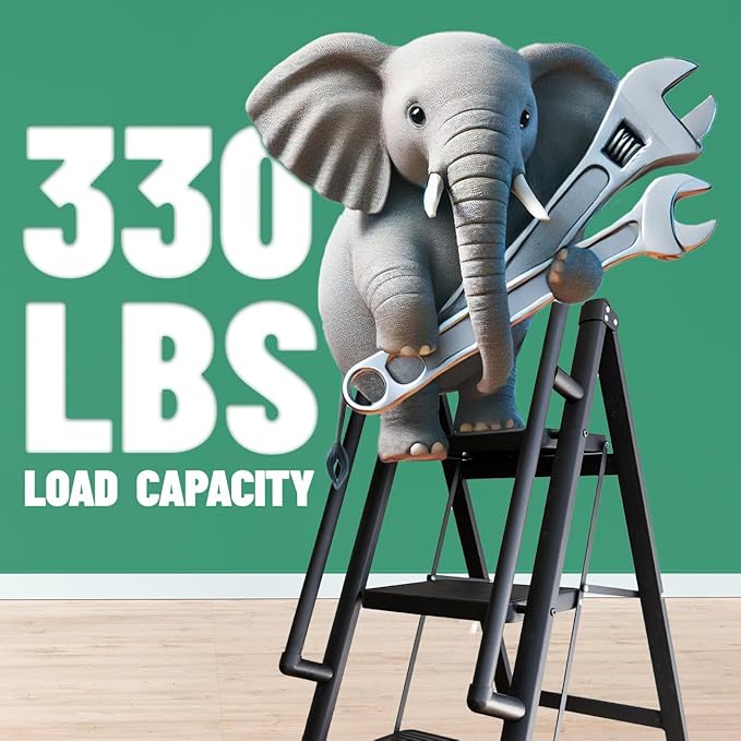 5-Step Folding Ladder with Handrails, Heavy Duty Ladders for Home & Kitchen, Folding Ladder Easy to Store, Tall Ladder for Adults, Anti-Slip & Space-Saving Step Ladder, 330 Lbs Capacity