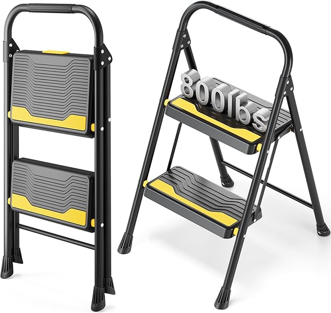 Urackify 2 Step Ladder, Heavy-Duty Pass 800lb Capacity Test, Wide Anti-Slip Steps & Secure Handrail Compact, Folding Step Stool Portable Design for Home, Kitchen, Office, Pantry, Closet Use, Black