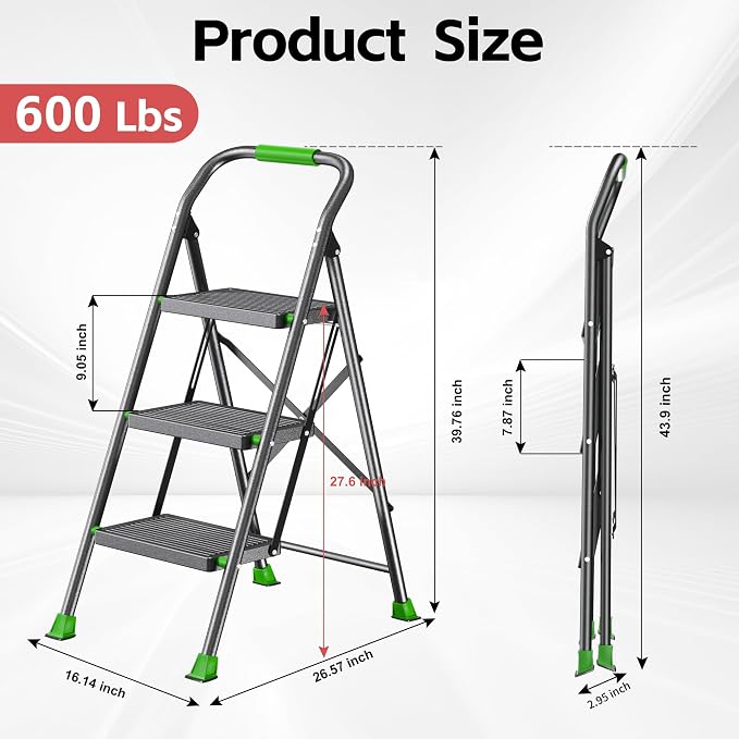 Step Ladder Foldable Folding Stool - for Home Adults Kitchen 3 Stepping Extension Tall Heavy Duty with Handrails - Closet Stepstool Stair Ladders Extendable Stepladder for Indoor House 600Lbs