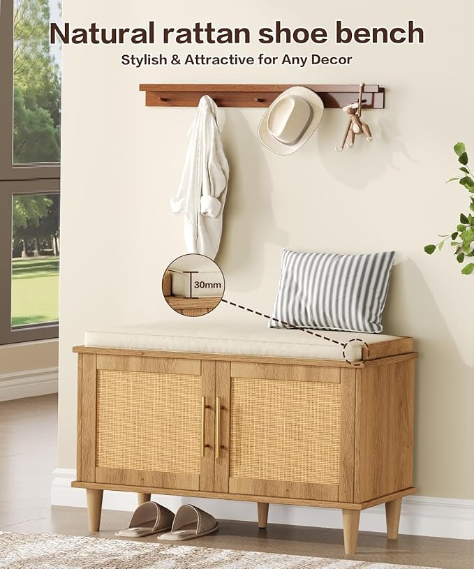 Akxomel Rattan Shoe Storage Bench with Cushion, 2-Tier Entryway Bench with Adjustable Shelves and 2 Doors, 15" D x 31.5" W x 20" H, Solid Wood Legs, for Hallway, Living Room, Bedroom, Natural Oak