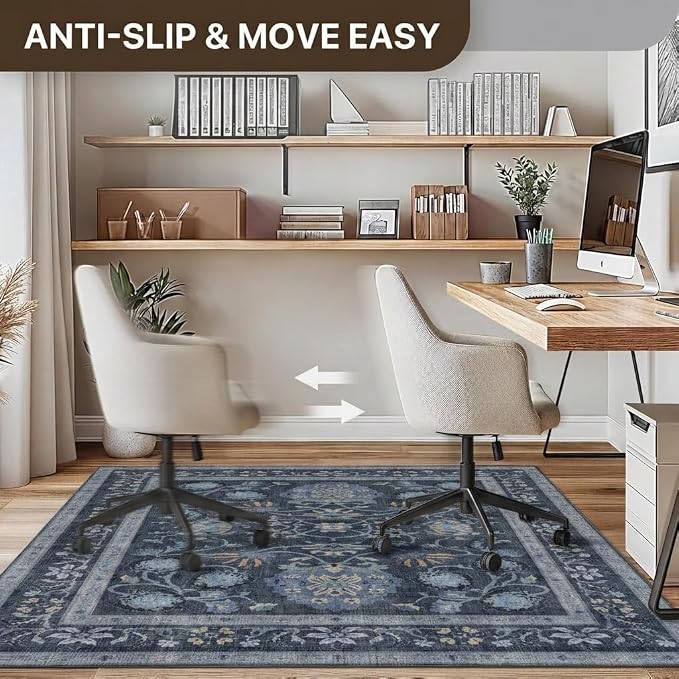 48"x72" Office Chair Mat for Hardwood Tile Floor, Under Desk Carpet Protector for Rolling Computer Chair Mat, Machine Washable Area Rug, Anti-Slip 1/5" Thick Low Pile Thin Vinyl Floor Mat, Grey Blue