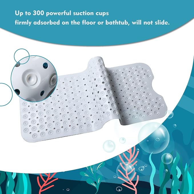 MOLFUJ Shower Mat, Octopus Non Slip Bathtub Mats for Bathroom, 40 X 16 inch Long Bath Tub Mat with Anti Slip Suction Cups and Drain Holes - Blue