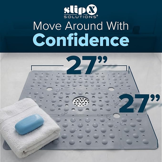 SlipX Solutions 27" Oversize Square Shower Mat, Non-Slip Mat for Elderly & Kids, 100+ Power Grip Suction Cups for Smooth Surfaces, Machine Washable, Solid Gray