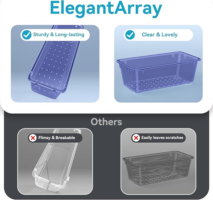 ElegantArray 12 PCS Drawer Organizer Set, 4 Sizes Tool Storage Trays, Clear Plastic Makeup Vanity Organizer and Storage Bins for Stationeries, Multiple Gadgets for Office, Bedroom, Navy Blue