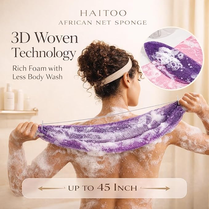 African Net Sponge Authentic, 4 Pieces African Exfoliating Net Sponge Body Back Scrubber Exfoliating Washcloth for Shower Bath for All Types Skin (Black+Purple+Pink+Green, 4 Pcs)