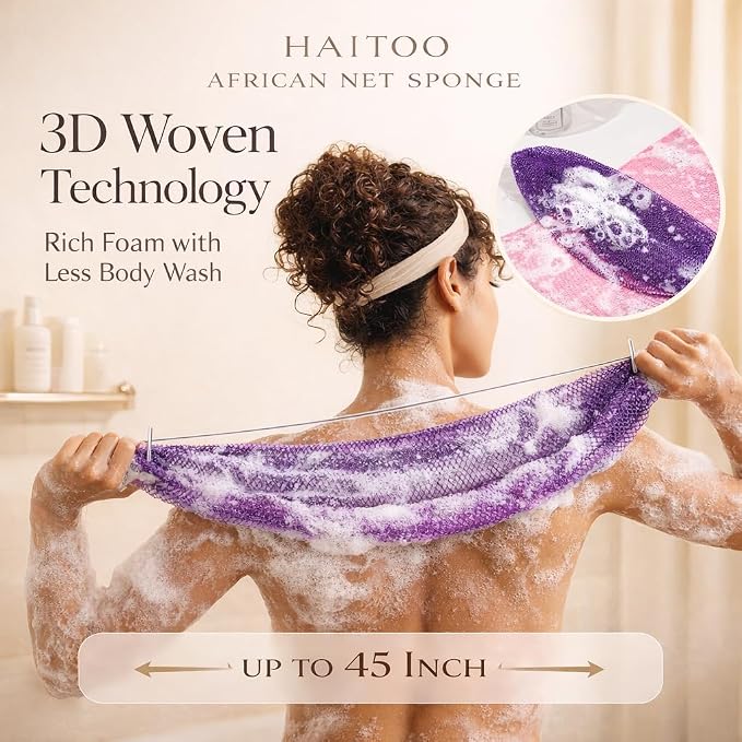 African Net Sponge Authentic, 3 Pieces African Exfoliating Net Sponge Body Back Scrubber Exfoliating Washcloth for Shower Bath for All Types Skin (Green+Gold+Light Purple, 3 Pcs)