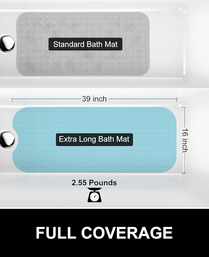 OTHWAY No Suction Cup Bath Mat: 39x16 inch Extra Long Bathmat│Perfect for Refinished or Ordinary Bath Tubs│Made of Nature Rubber│a Blessing for The Elderly and Children (Lake Blue)
