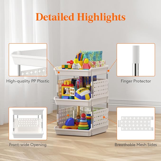 Lifewit Plastic Stackable Storage Baskets, 3 Tier Stacking Bins for Food and Clothes, Multifunctional Organizer for RV, Kitchen, Playroom, Pantry, White, 35 x 30 x 50 cm/14 x 12 x 20 inch, 1 Pack