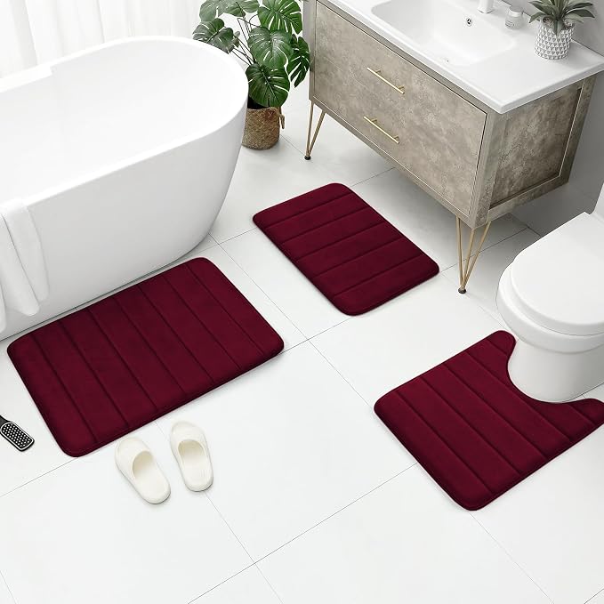 BYSURE Burgundy Memory Foam Bath Mats, Non Slip Extra Soft Absorbent Machine WashableToilet Bathroom Rug Set 3 Piece (20"x32"+24"x44"+U Shape 20"x24")