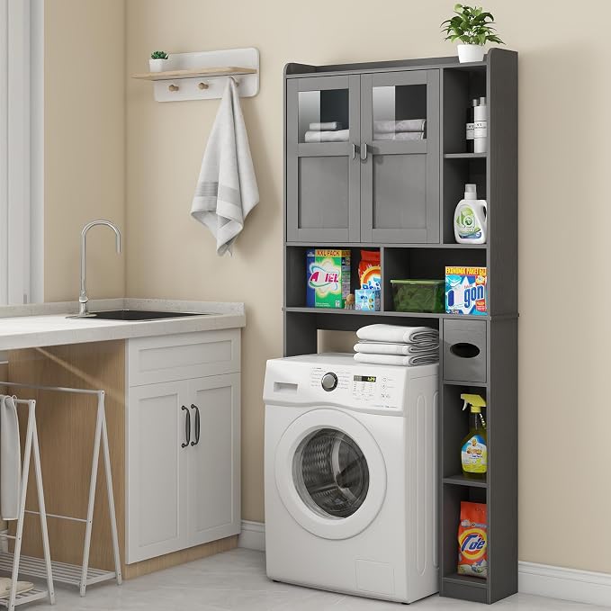 Vabches Over The Toilet Storage Cabinet, Bathroom Shelf Over Toilet with Glass Doors and Adjustable Shelves, Natural Grey Freestanding Home Space Save Toilet Rack, for Restroom, Bathroom, Laundry