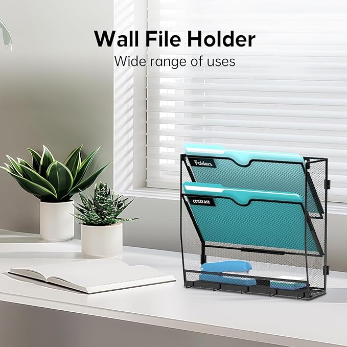 Wall File Organizer - Hanging File Organizer with 5 Hooks, Mail Holder Wall Mounted for Papers, Folders, Magazines, Bills, 3 Tier Office&School Organization, Black