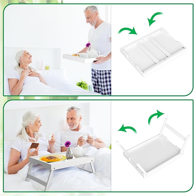 Artmeer Bed Tray Table with Folding Legs, Bamboo Breakfast Food Tray with Media Slot, Use As Platter, Laptop Desk, Snack, TV Tray Kitchen Serving Tray (White Extra-Large Size)