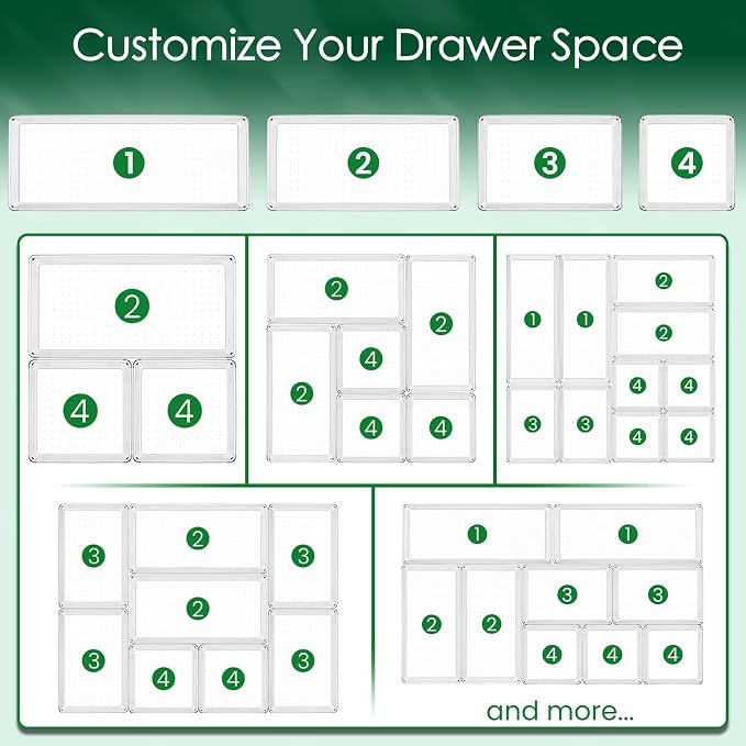 Criusia Drawer Organizer Set, Acrylic Non Slip Non Cracking Kitchen Drawer Storage Tray Large Size Divider, Multifunctional Storage for Cosmetics, Bathroom, Tools, Kitchen and Office (8 PACK)
