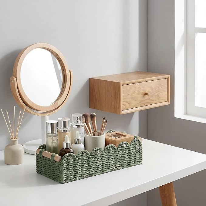 CubesLand Scalloped Edge Decor Baskets for Home, Living Room, Toilet Paper Storage Basket for Over Toilet Shelf, End Table,Shelves and More, Small Paper Rope Baskets Both Storage&Decor, Set 2 Green