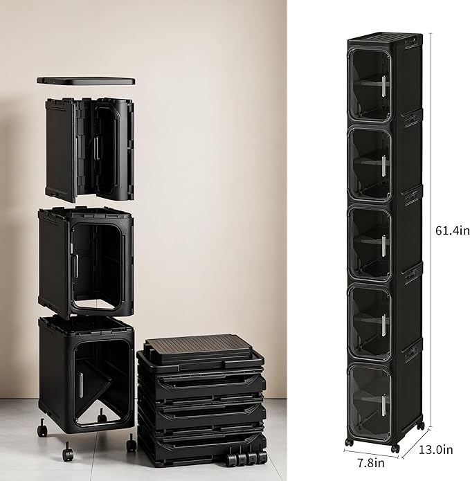 LXLXXL 5-Tier Narrow Storage Cabinet Slim Bathroom Storage Cabinet with Movable Wheels Tall Bathroom Organizer Skinny Cabinet for Small Spaces, Black