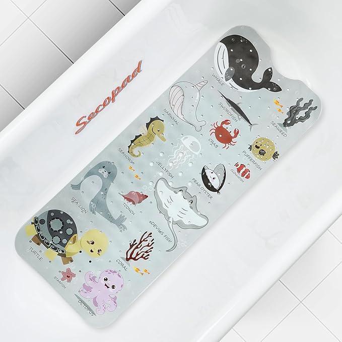 Secopad Bath Mat for Tub Non Slip, Machine Washable Anti-Slip Cartoon Baby Bathtub Shower Mat with Drain Holes and Suction Cups for Toddler & Kids, 40 Inch x 16 Inch, Greige Sea Animals