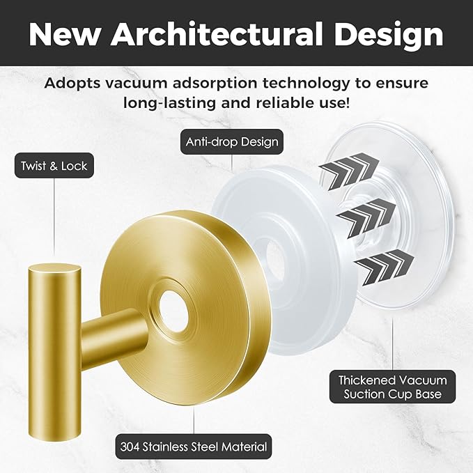 Shower Hooks for Inside Shower,No-Drill Removable&Reusable Towel Hooks for Bathroom,Heavy Duty Suction Cup Hooks for Glass Window,2 Packs(Gold)
