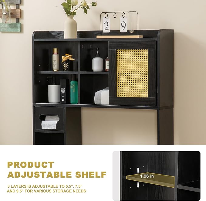 SUNTAGE 6Tier Over The Toilet Storage Cabinet, Freestanding Above Toilet Space Saver Rack w/Adjustable Shelves, Sliding Door, Multifunctional Over Toilet Organizer for Bathroom (Black)