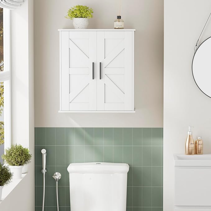 Homleke Bathroom Wall Cabinet, Over Toilet Storage Cabinet with Barn Doors and Adjustable Shelves, 3-Tier Medicine Cabinet Wall Mounted, for Bathroom, Kitchen, Entryway, Laundry Room, White, (11.8" D)