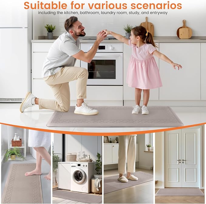 4/5 Inch Thicker Kitchen Mats for Floor Non-Slip Anti Fatigue Comfort Mat Waterproof Kitchen Rug for Sink, Office,Home Stain Resistant Standing Desk Rugs-17.3"x 60", Khaki