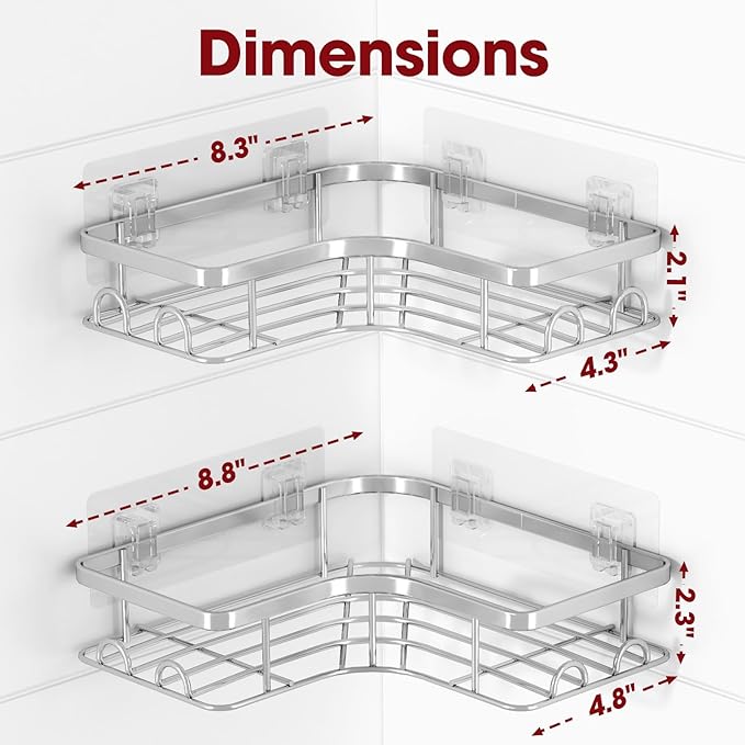 Sakugi Corner Shower Caddy - 2 Pack, Adhesive Shower Organizers, Rustproof Stainless Steel Shower Shelves with 8 Hooks, No Drilling Bathroom Organizers and Storage Racks, Space-Saving, Silver, Large