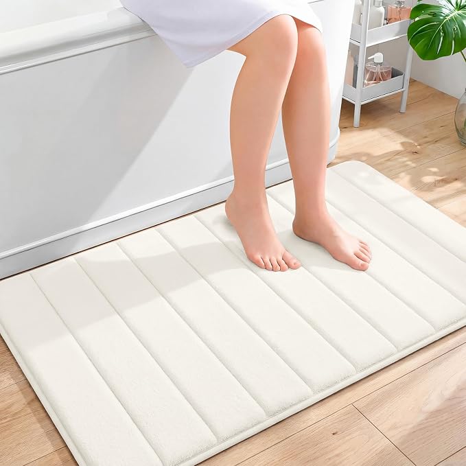 OLANLY Memory Foam Bath Mat 40x24, Super Soft Absorbent Bathroom Rugs, Quick Dry, Machine Washable Shower Floor Rugs, Bathmat Carpet, Bathroom Home Decor Accessories, Ivory