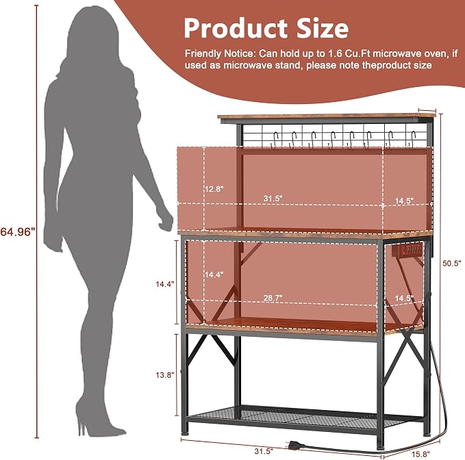 Furologee Kitchen Bakers Rack with Power Outlet,Coffee Stand with Storage 4 Tiers,Coffee Bar Station with a 31.5 Inch Larger Desktop and 8 S Hooks,Kitchen Microwave Rack for Spices,Pots,Rustic Brown