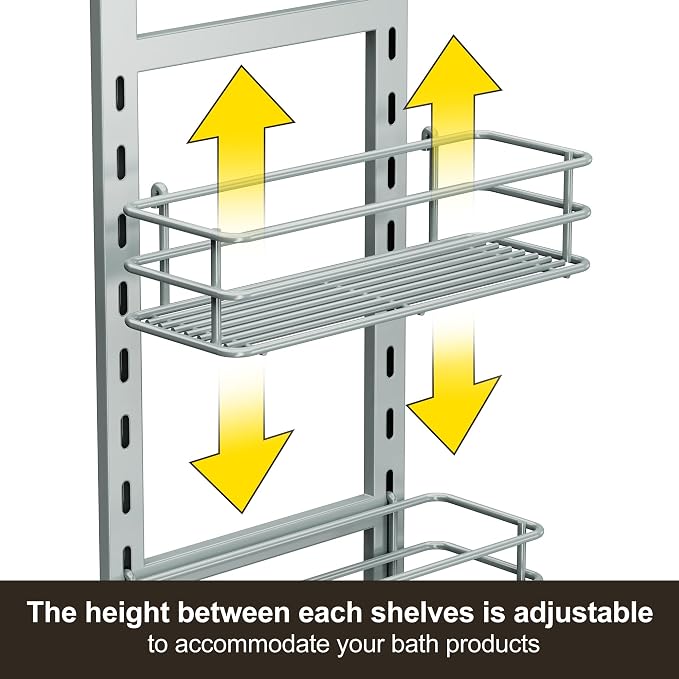 Orimade 4 Tier Adjustable Anti-slip Shower Caddy over Shower Head,Rustproof Bathroom Hanging shower Organizer with 4 Hooks for Razor,No Drilling Shower shelves Storage Rack, Light Grey