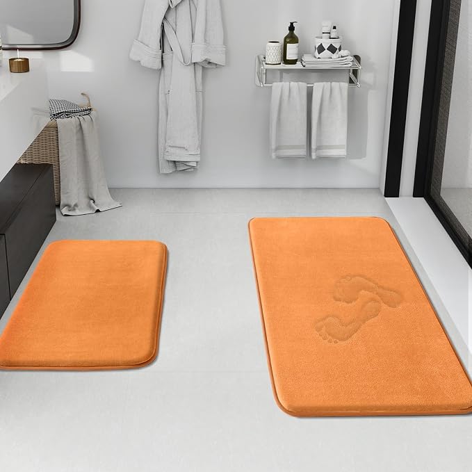 HUXMEYSON Bathroom Rugs Sets 2 Piece, Non-Slip & Quick Dry Bath Mat Set, Ultra Soft Velvet Bath Rugs for Bathroom, Toilet and Shower Floor, Orange
