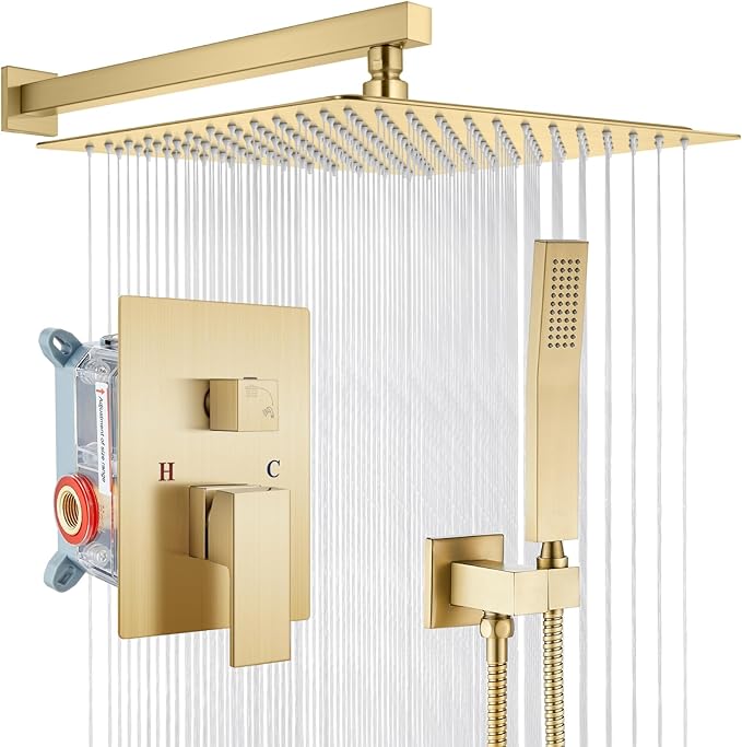 gotonovo Rainfall Bathroom Shower System Rain Shower Head and Handle Set Wall Mounted Shower Complete Combo Solid Brass Pressure Balancing Shower Mixer Valve 16 Inch Brushed Gold
