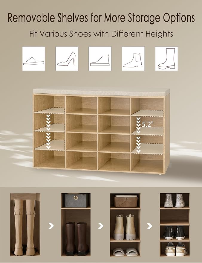 DINZI LVJ Shoe Storage Bench with Cushion, 16-Cubby Shoe Rack, Adjustable Shelves, 40.9" Long Shoe Organizer Bench for Entryway, Mudroom, Hallway, Garage, Natural and Cappuccino Beige