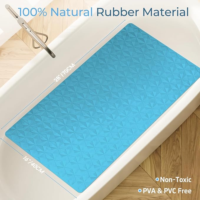 Non Slip Bathtub Mat for Bath Tub Shower - Natural Rubber Mat with 241 Suction Cups - Soft Bathroom Safety Mat - Unique Diamond Pattern - Fatigue Relief - Machine Washable - 16 × 28 Inch