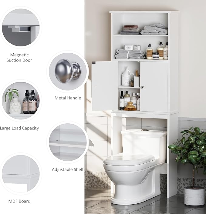 Over the Toilet Storage Cabinet for Bathroom, Extra Tall Over Toilet Storage, Space Saver W/Adjustable Shelf & Open Storage Shelf, 75in, White