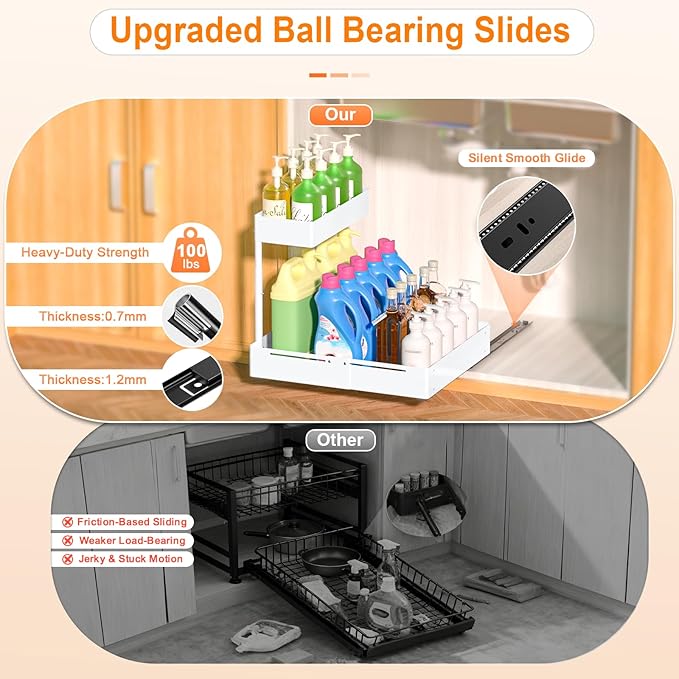 YJHome 1 Pack Expandable Under Sink Organizer, 2 Tier Pull Out Cabinet Organizer with Smooth Ball Bearing Slides, Adjustable Height Cabinet Storage Shelves for Kitchen, Bathroom, Laundry, Pantry