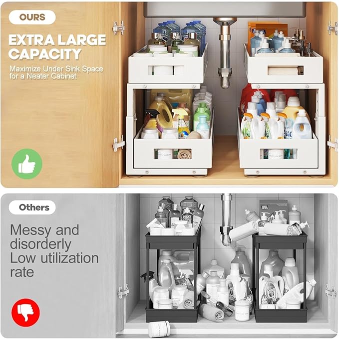 2 Packs 21IN Depth Under Sink Organizer, 2-Tier Pull Out Cabinet Organizer With Smooth Circular Rail, Large Capacity Metal Mesh Sliding Drawers For Bathroom& Kitchen Storage,Height Adjustable –White