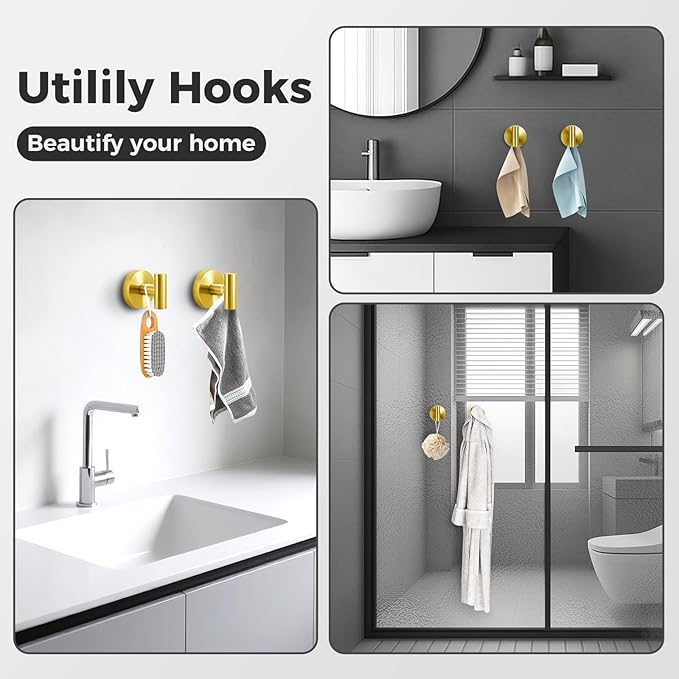 Shower Hooks for Inside Shower,No-Drill Removable&Reusable Towel Hooks for Bathroom,Heavy Duty Suction Cup Hooks for Glass Window,2 Packs(Gold)