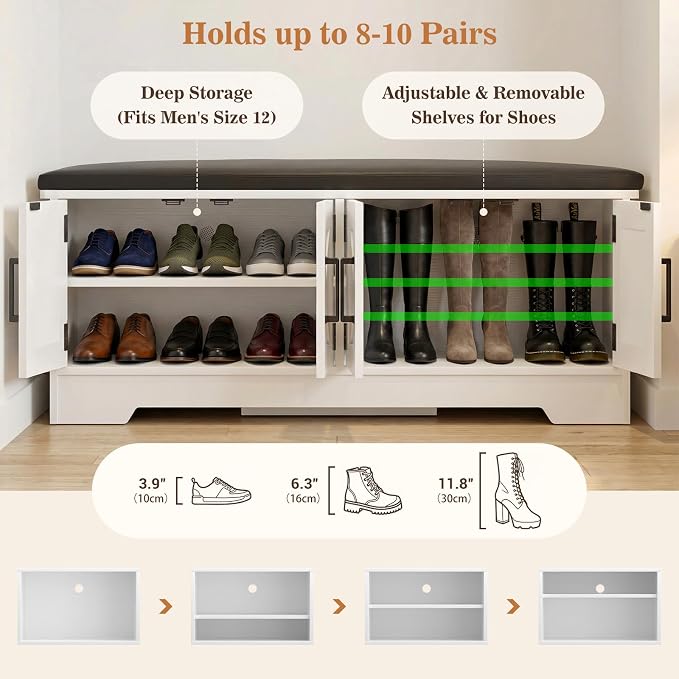Farmhouse Shoe Storage Bench with Cushion - 43.3" Entryway Bench with Storage & 4 Barn Doors, 2-Tier Wooden Shoe Rack Bench, Hidden Shoe Cabinet & Mudroom Bench for Bedroom Hallway Living Room, White