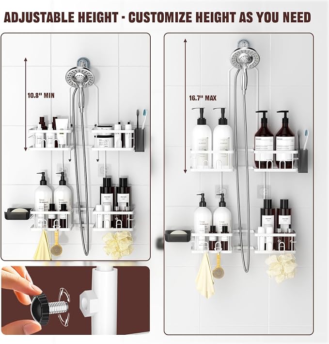 REINHARDT Adjustable Shower Caddy Hanging Rustproof Shower Caddy for Handheld Showerheads, Shower Organizer with Hooks Soap Holder Toothbrush Holder, Anti-Swing Shower Rack Bathroom Accessories, White