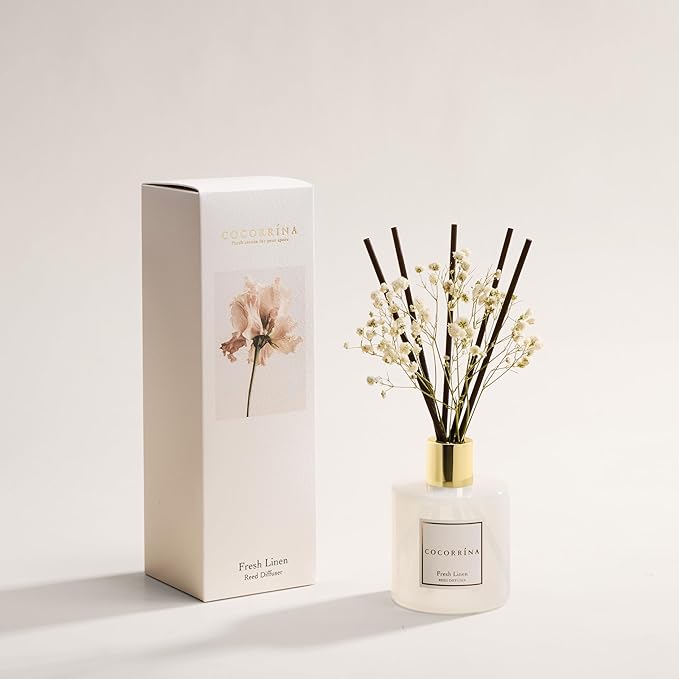 COCORRÍNA Reed Diffuser - Fresh Linen 6.7 fl oz Reed Diffuser with Sticks, Home Bedrrom Bathroom Shelf Decor