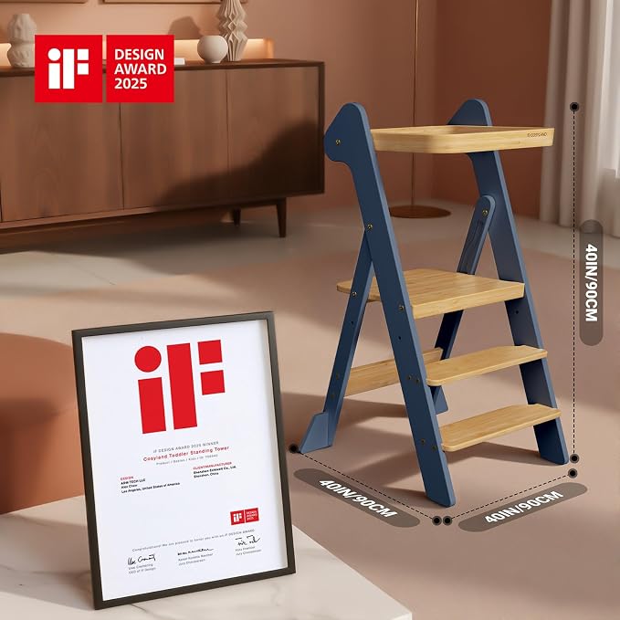 COSYLAND Foldable Standing Tower – IF Design Awarded Toddler Kitchen Step Stool with Safety Net & Large Side Support Legs– Adjustable Toddler Learning Helper Stool (Slate Blue & Natural)-Foldi