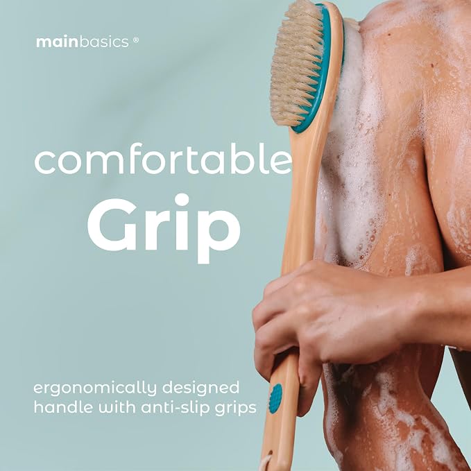 MainBasics Back Scrubber Shower Brush Long Handle Dual Sided Body Brush with Exfoliating Soft Bristles for Back Scrubbing Deep Cleaning and Body Wash (Teal)