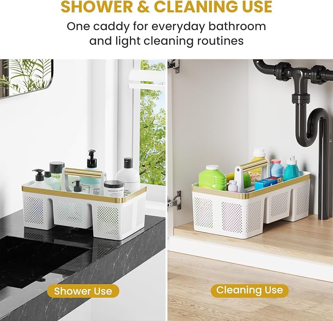 BYUNER Portable Cleaning Caddy & Shower Basket: Hard Plastic Caddy Organizer with Handle, 4 Divided Compartments, All-Side Drainage for Bathroom, Dorm & Utility, College Dorm Room Essentials
