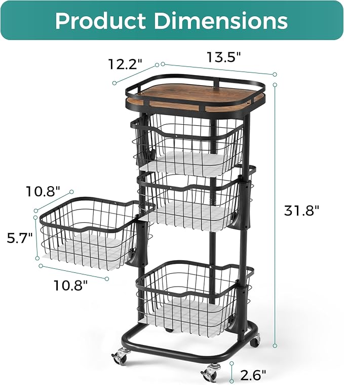 4 Tier Kitchen Fruit Vegetable Storage Cart with One-Piece Rotating Basket, Pantry Organizer Shelf Rack Floor Stand for Veggie Onion Potato Produce Spice, Rolling Snack Cart on Wheels, Black