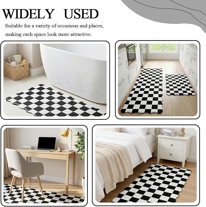 Scalloped Black Checkered Grid Checkerboard Kitchen Rug Sets [2 PCs], Anti-Fatigue, Waterproof Non-Slip Kitchen Mats Heavy Duty Ergonomic Comfort Foam Rug for Floor, Laundry,17"x29"+17"x47"