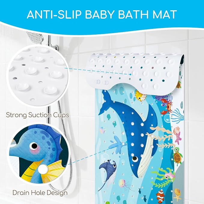 Baby Bath Mat for Tub, Non Slip Kids Bath Shower Mat, 40 X 16 Inch Large Bathtub Mat with Drain Holes and Suction Cups for Toddlers, Machine Washable and Waterproof (Whale)