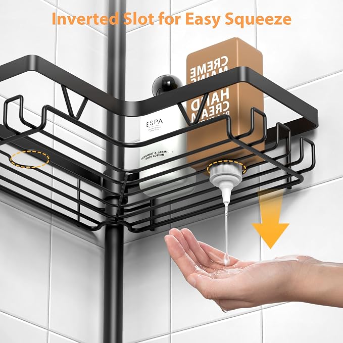 KEGII Black Shower Caddy Tension Pole with 2 Towel Bars, Adjustable Corner Bathroom Organizer, Rustproof Bathtub Storage Shelves for Shampoo, 25–114.2 Inch Shower Corner Rack for Renters & Family