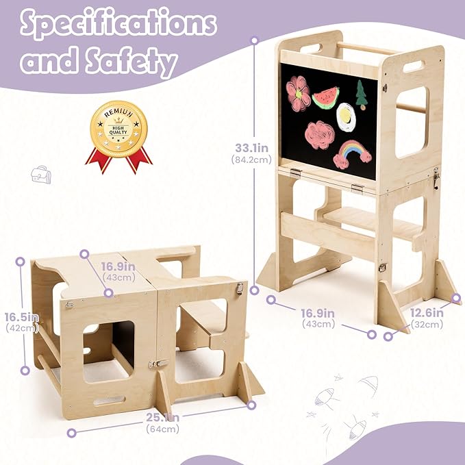 labebe Toddler Standing Tower for 12M+, Montessori Foldable Learning Standing Tower with Blackboard, Anti-tip Structure Design,Wooden Kitchen Step Helper Stool for 1-3 Year Old Boy Girl Gift