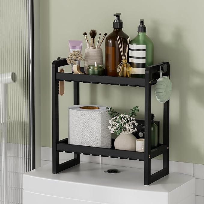 AmazerBath Bamboo Over The Toilet Storage Shelf - 2-Tier Bathroom Organizers and Storage Shelves, 2 in 1 Dual Stable Above Over Toilet Bathrooms Shelf Home Storages Rack for Small Bathroom, Black